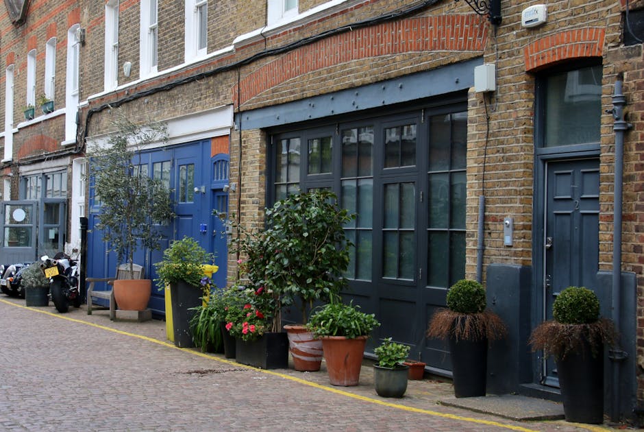 A row of Victorian terraced houses in Wapping with brick facades and large, dark-framed windows. The front gardens and entrances feature various potted plants, including small trees, flowering shrubs,